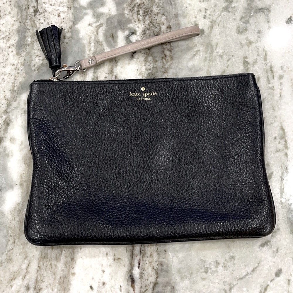 Kate Spade black pebbled leather clutch purse with optional strap tassel